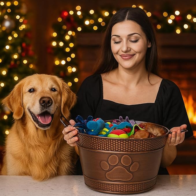 Metal Indestructible Dog Toy Bin - Storage Bin with Handles, Farmhouse Organizer Storage Basket for Pet Toys, Blankets, Leashes - Home Decor (Lead-Free Copper)