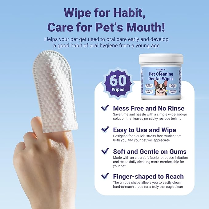 Pet Teeth Cleaning Wipes for Dogs&Cats, 60 pcs Dental Finger Wipes, Larger Sized, Plant Extract Ingredients Refresh Breath & Control Plaque & Protect Gum, Dog Tooth Brushing Kit, Unscented