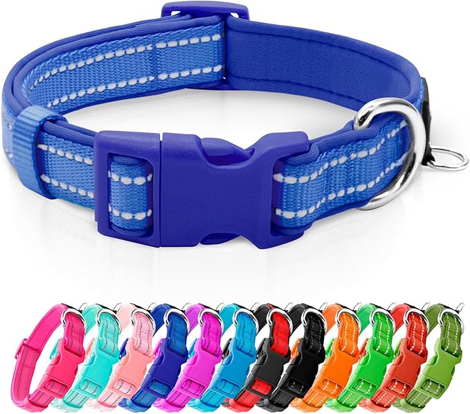 azuza Reflective Dog Collar, Soft Neoprene Padded Pet Collar with ID Tag Ring, Adjustable for Medium Dogs,Royal Blue,M