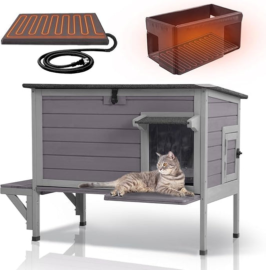 GUTINNEEN Heated Cat House Outdoor Cat House Insulated Weatherproof Feral Cat Shelter with Heated Pad and All-Round Thermal Liner for 1-3 Cats (Winter-Ready)