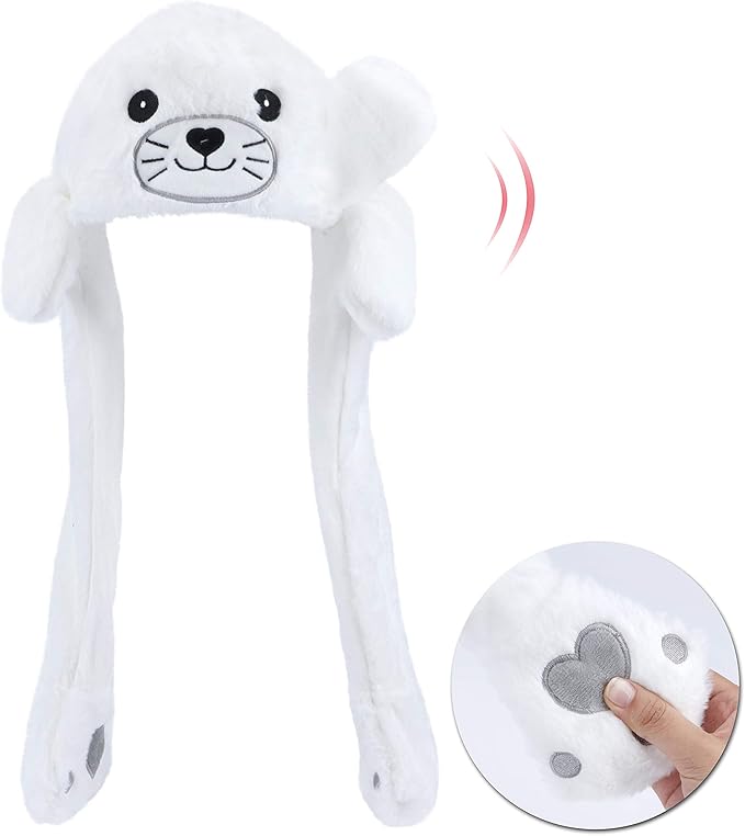 Animal Hat with Ears Moving Jumping Pop Up Beating Hat Plush Holiday Cosplay Dress Up Funny Gift for Kids