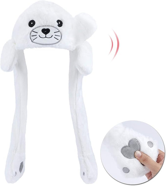 Animal Hat with Ears Moving Jumping Pop Up Beating Hat Plush Holiday Cosplay Dress Up Funny Gift for Kids