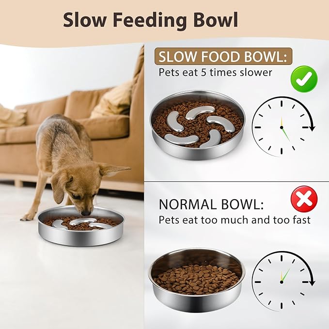 Slow Feeder Dog Bowl Stainless Steel, Heavy Duty with Non-Slip Base Dog Food Bowls for Small Medium Large Breed Size Dogs to Slow Down Eating