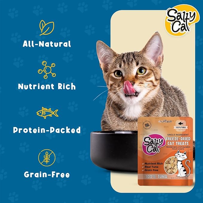 Salty Cat Freeze Dried Cat Treats, 100% Real Tuna Freeze Dried Cat Food for Freshness, Single Ingredient & Grain Free Kitten Treats, Nutrient Rich, 10g (12 Pack)
