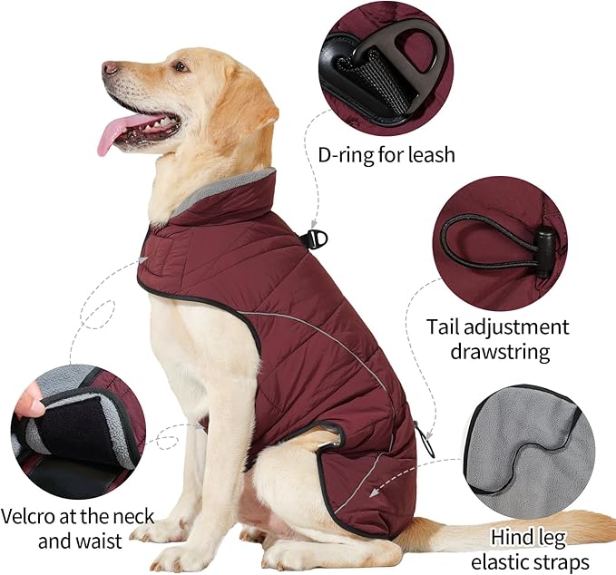 LIANZIMAU Dog Winter Coat with D Ring Leash Built in Waterproof Windproof Reflective Warm Winter Jacket Adjustable Tail Insulated Apparel for Dogs