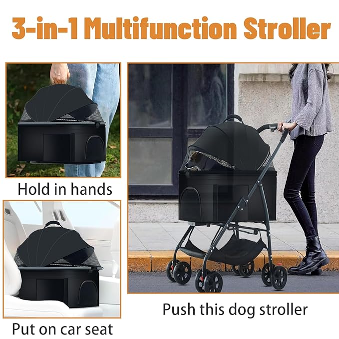 3-in-1 Pet Dog Stroller, Dog Wagon with Removable Carrier, Cat Stroller for Medium Dogs Up to 55lbs (Black)