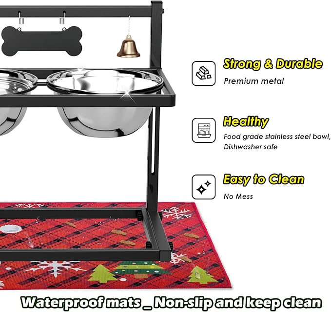 SHAINFUN Christmas Elevated Slow Feeder Dog Bowls with Mat for Large Dogs, Adjustable Height, Tall Raised Dog Food Water Bowl Stand Gift for Dogs