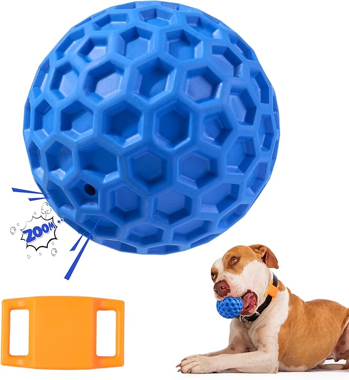 Squeaky Dog Balls, Indestructible Dog Toys for Aggressive Chewers Large/Medium Breed, Natural Rubber Interactive Chew Toys for Teeth Clean, Relieves Anxiety (Blue)