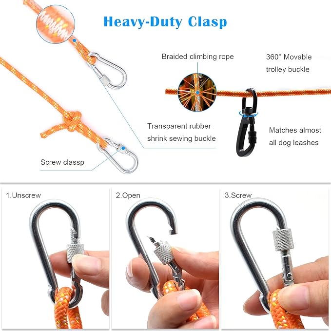 Dog Tie Out Cable for Camping, 50ft Reflective Overhead Trolley System for Dogs up to 300lbs, Portable Dog Hitching Lead, Dogs Runner for Yard Camping Training Running Hiking Outdoor