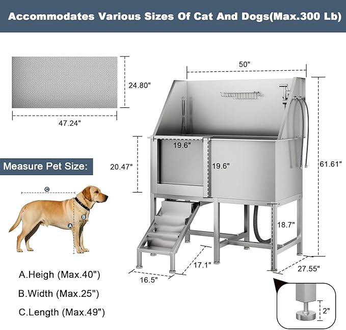 50" Pet Dog Bathing Station, Stainless Steel Dog Bathtub W/Ramp, Floor Grate, Dog Bath Brush, Washing Gloves for Home, Professional Dog Washing Station for Pets (50 Inch Left Door)