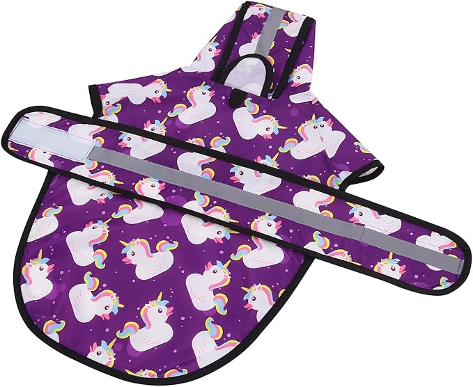 HDE Dog Raincoat Jacket Reflective Adjustable Hooded Pet Poncho Rain Coat with Leash Hole for Small to X-Large Dogs Purple Unicorn Ducks - XL