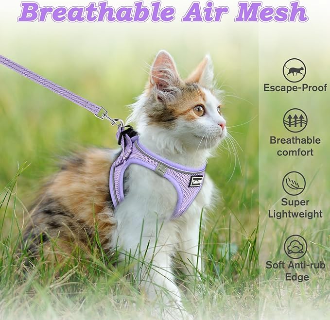 Cat Harness and Leash for Walking Escape Proof, Adjustable Kitten Vest Harness Reflective Soft Mesh Puppy Harness for Outdoor, Comfort Fit, Easy to Control (Purple, XXS)
