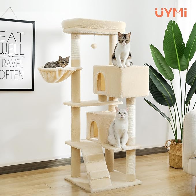 Cat Tree for Indoor Cats, 2 Cozy Condos with Spacious Top Perch, 56.3-Inch Multi-Level Cat Tower with Scratching Posts, 2 Caves, Plush Hammock and Climbing Ramp, Beige