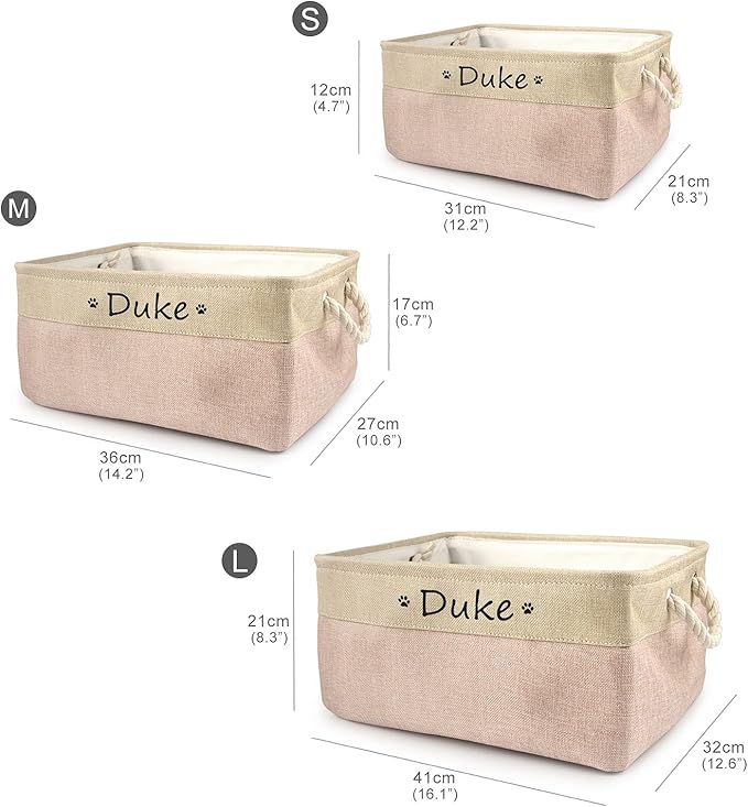 Personalized Dog Toy Box, Dog Toy Basket Storage with Cotton Handle, Customized Name and Paw Heart Print Puppy Toy Bin for Organizing Food Clothes and Pets Accessories(Heart Pink)