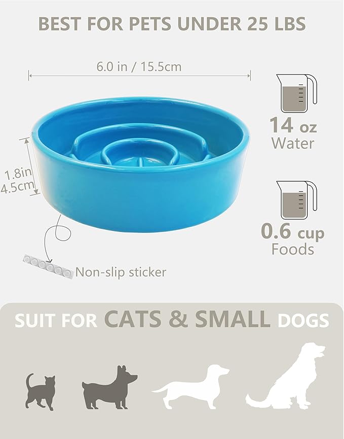 Ceramic Slow Feeder Dog Bowls, 0.6 Cup Slow Feeder for Small Dogs and Cats, Puzzle Maze Bowl, Prevents Choking, 6in, Blue