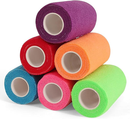 6 Rolls Elastic Self Adhesive Bandage Wrap 4 Inch, Breathable Non Woven Cohesive Bandage, Vet Wrap for Dogs, Ankle Sprains Swelling Medical First Aid Tape, Sports Athletic Tape Color