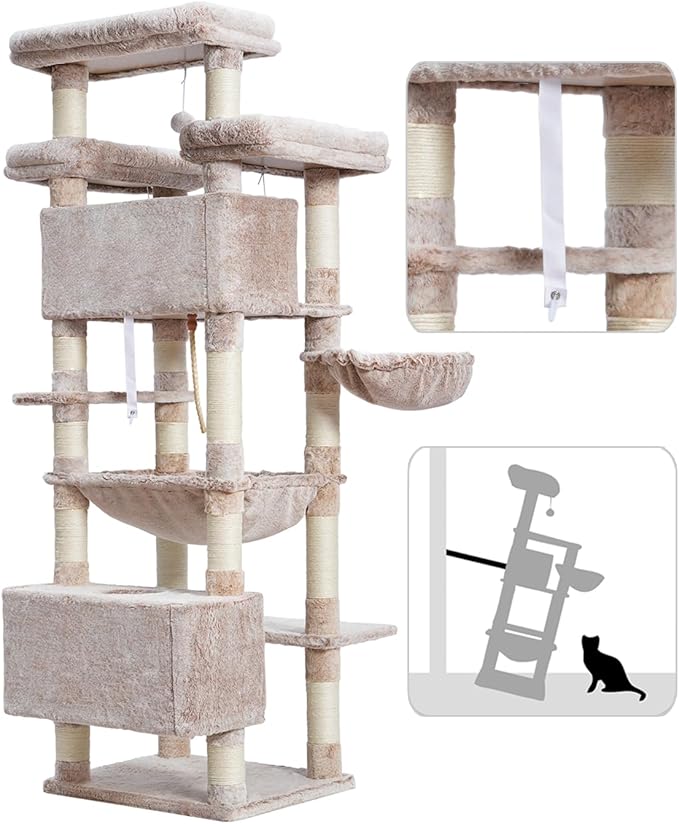 Cat Tree for Indoor Cats Large Adult, 74" Cat Tower with 3 Big Platforms, 2 Baskets, 2 Condos, Multi-Level Cat Scratching Posts, Muchroom GCT030MU
