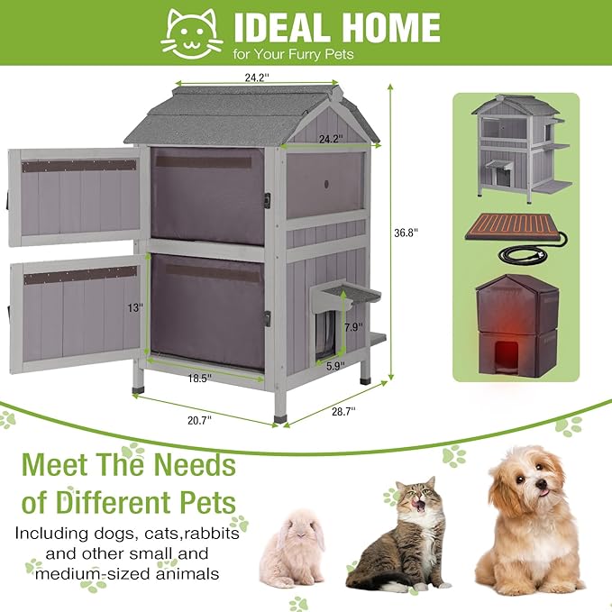 GUTINNEEN 2 Story Large Heated Cat House Outdoor Insulated Cat House Weatherproof Feral Cat Shelter with Safe Heating Pad, All-Round Thermal Liner for 1-5 Stray Barn Cats, 28.7" L x 24.2" D x 36.8" H