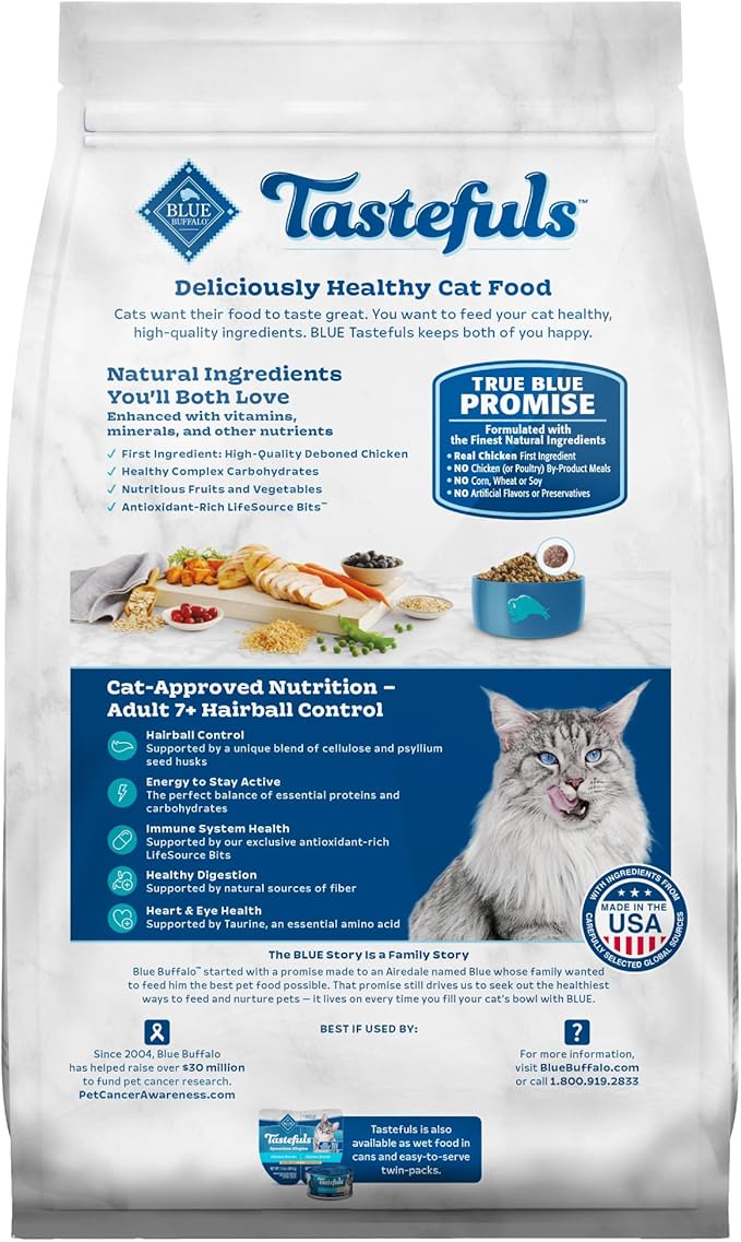 Blue Buffalo Tastefuls Natural Dry Food for Adult Cats 7+, Hairball Control, Chicken & Brown Rice Recipe, 7-lb. Bag