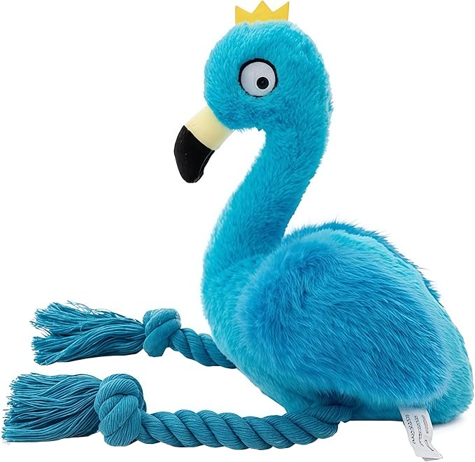Plush Flamingo Dog Toy, Blue, Squeaky Stuffed Animal with Rope Legs, Interactive Chew Toy for Small, Medium Dogs
