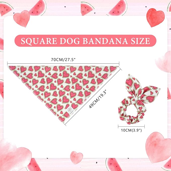 E-Clover Pink Watermelon Dog Bandanas & Matching Scrunchie Set Cute Heart Dog Scarf Bibs Pet Bandana with Bow Tie for Medium Large Dogs Owner Mom Spring Summer
