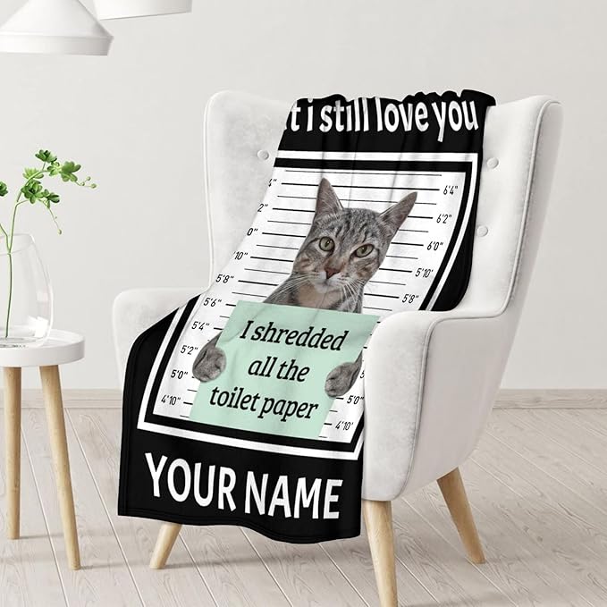 Personalized Cat Blanket Gifts with Name - 30"x40" Cute Throw Blanket for Adults Kids - Black Soft Plush Throws for Bed, Couch & Travel
