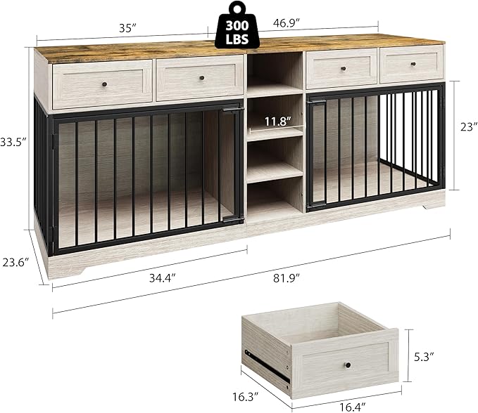 GarveeHome 82" Double Dog Crate Furniture, Large Dog Kennel Indoor for 2 Dogs, Heavy Duty Wooden Dog Crate TV Stand with 4 Drawers and Shelves, Washed White