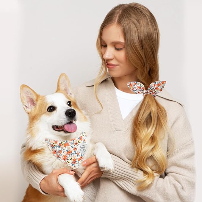 E-Clover Dog Bandanas & Matching Scrunchie Set Cute Flower Dog Scarf Bibs Girl Pet Bandana with Bow Tie for Medium Large Dogs Owner Mom Spring
