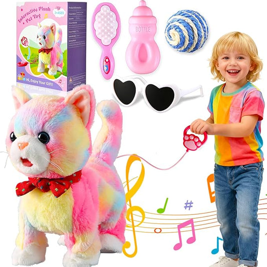Colorful Leash Walking Cat Set Toy Interactive Talking Cat Singing Dancing Kitten Mimicking Repeat What You Say Kitty Touch and Voice Control Nodding Wagging Tail Plush Electric Robot for Kid Girl