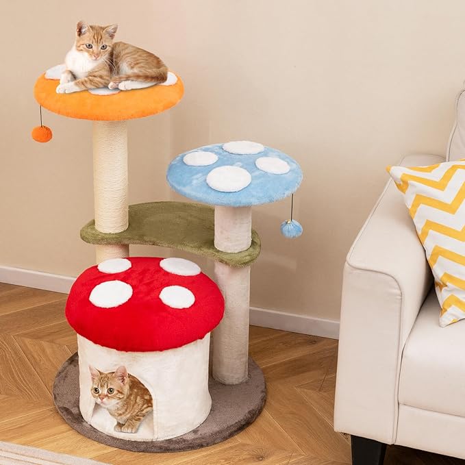 PETSITE Mushroom Cat Tree, Multi-Level Cute Cat Tree Tower with Sisal Scratching Posts, Cat Condo, Soft Plush Perches, and Dangling Toys for Indoor Cats (35 Inch)