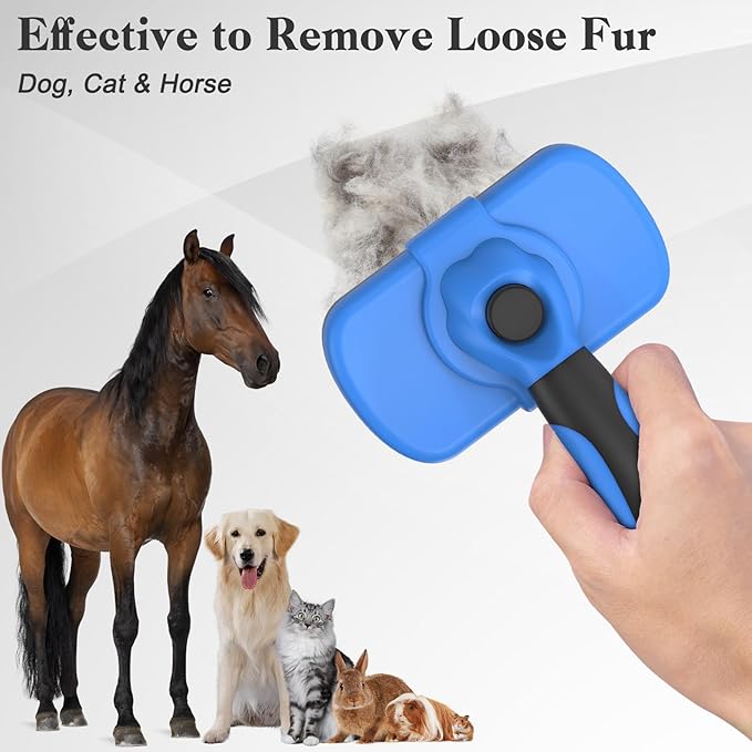 Self-Cleaning Brush for Pet Deshedding - Skin-Friendly Grooming Tool for Dogs and Cats, Blue