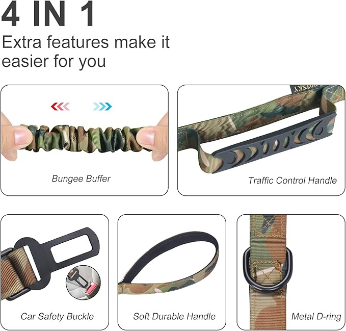 Hotsky Tactical Dog Leash Heavy Duty,4-6Ft Strong Bungee Shock Absorbing Lead with Padded Double Handle,Car Seatbelt,Metal Carabiner Clip,No Pull Leash for Small Dogs,Pink Camo