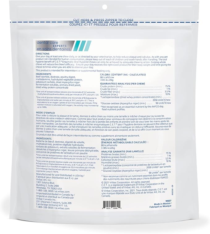 C.E.T. Enzymatic Oral Hygiene Chews for Dogs - Plaque & Tartar Control - Single Layer Beefhide with Exclusive Dual-Enzyme System & Tasty Chicken Flavor - Easy to Give Dog Dental Chew