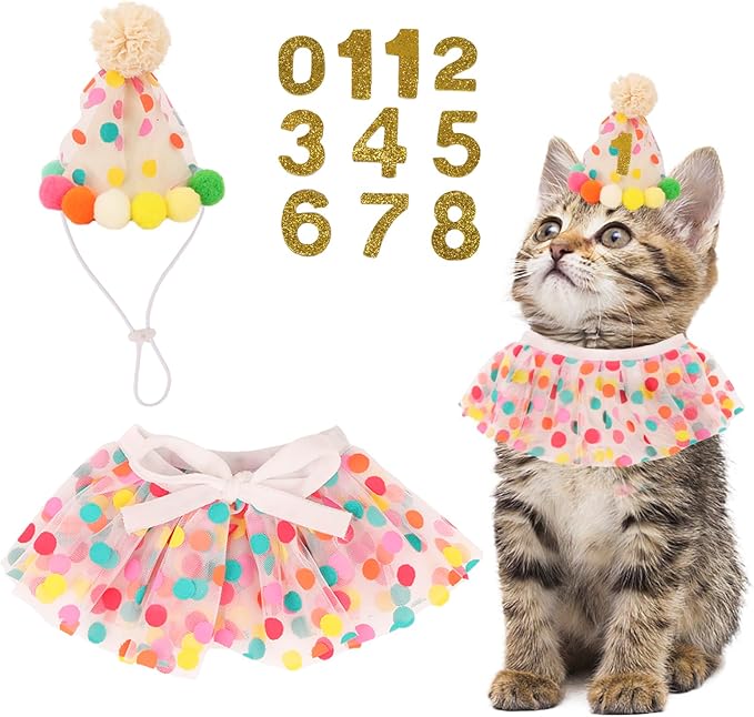 PTDECOR Cat Birthday Party Supplies, Hat with Numbers and Colourful Dots Tulle Tutu Bib Bandana Pet Decorations for Cat Kitten Birthday Outfits