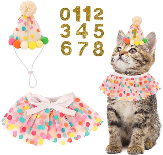 PTDECOR Cat Birthday Party Supplies, Hat with Numbers and Colourful Dots Tulle Tutu Bib Bandana Pet Decorations for Cat Kitten Birthday Outfits