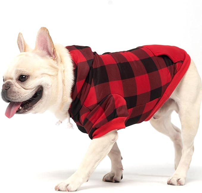 KOOLTAIL Plaid Dog Hoodie for Small Medium Large Dogs - Pet Clothes Sweater with Hat and Pocket for Cold Weather Winter, Warm Soft Dog Hooded Sweatshirt Coat Outfit for Puppy Cats Girls Boys Red SM