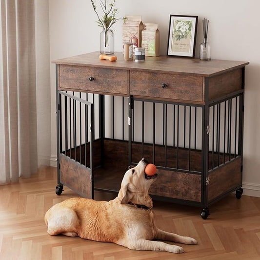 44.5" Dog Crate Furniture, Wooden Dog Kennel with Storage Drawers, Large Dog Cage with Wheels, Heavy Duty Wooden Dog Crate End Table with Steel Tubes for Big Breed