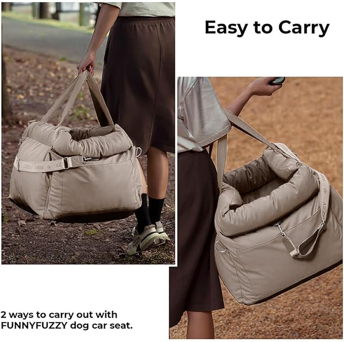 FUNNYFUZZY Dog Car Seat for Medium Sized Dogs, Waterproof 3 in 1 Soft Leather Dog Car Bed for Travel and Home,Portable and Safety,Fits Pets Up to 35 lbs(Khaki)