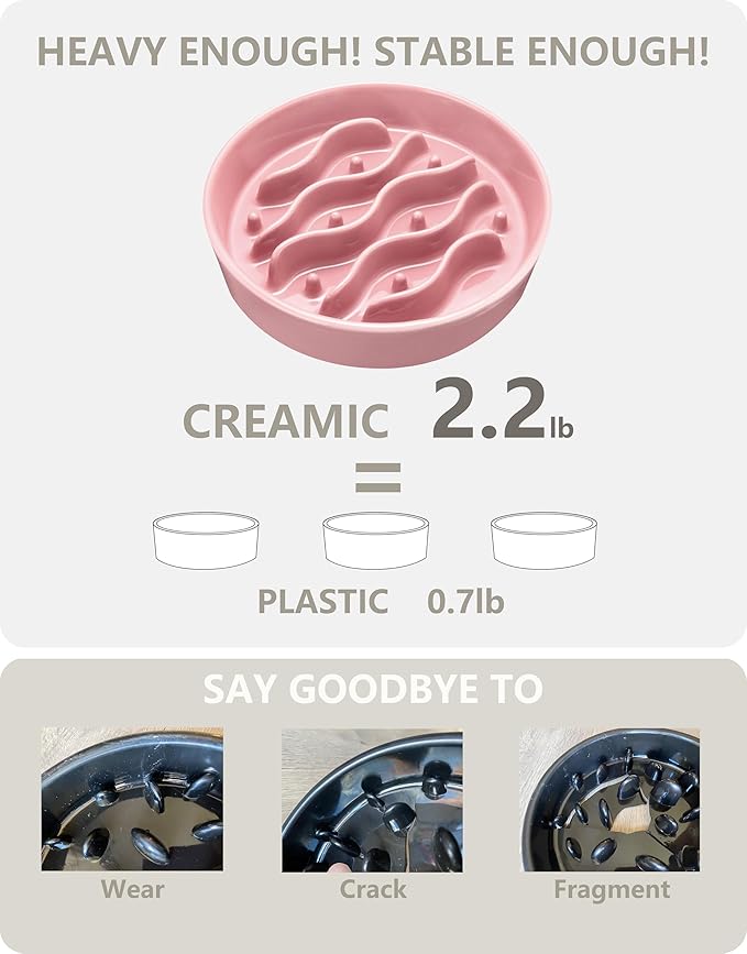 Ceramic Slow Feeder Dog Bowls for Medium and Large Dogs, 2.0 Cups Dog Slow Feeder for Fast Eater, 30oz, 8in, Salmon Pink