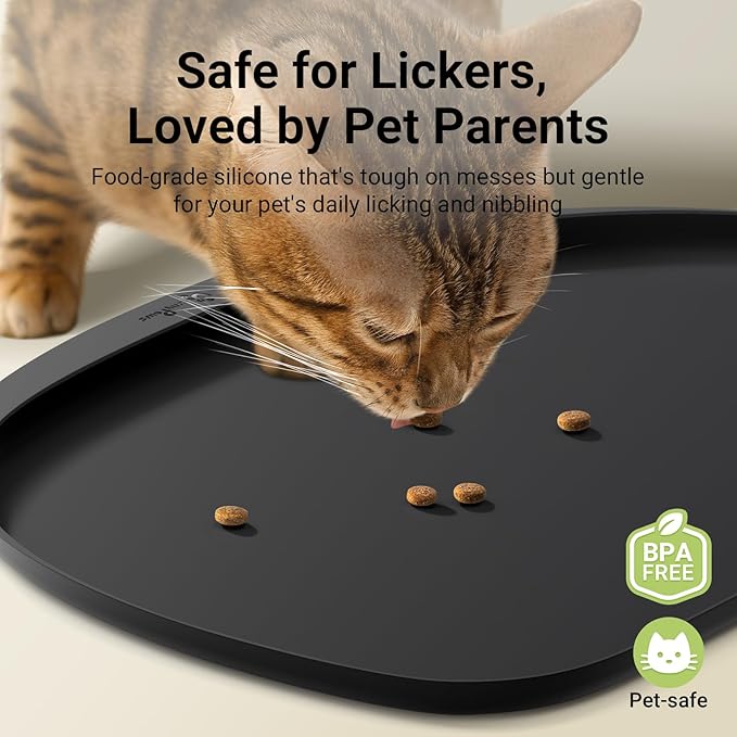 DownyPaws Cat Food Mats for Floors Waterproof, BPA Free Silicone Pet Feeding Mat, Non-Slip Pet Food Mat with High Raised Edge, Cat Placemat for Messy Drinkers, 18"×12.5", Black