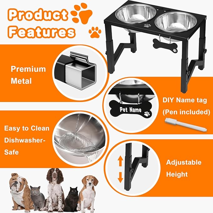 Elevated Dog Bowls, 3 Height Adjustable Metal Raised Bowl Stand with 2 Thick Stainless Steel Food Bowls & Spill-Proof Mat, Adjusts to 14.2'', 12.2'', 10.2'' for Large/Medium Breeds