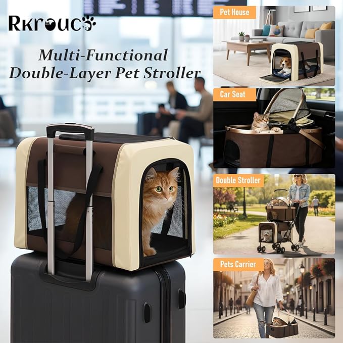 Foldable Double Pets Stroller for Dog Portable Cat Strollers for Small Medium Pet with Detachable Carriers Flexible Lockable Wheels Lightweight Dogs Jogger Strolling Cart Up to 77Lbs (Brown)
