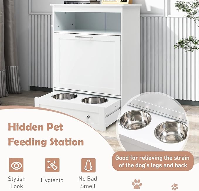 Pet Feeding Station Large Dog Feeding Station with Storage Dog Food Storage Cabinet with 2 Elevated Dog Bowls, Dog Food Storage Container, Pet Toy Storage Organizer, White PV10010WH