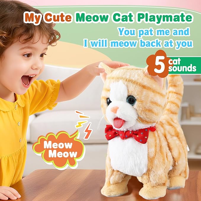 Yellow Pattern Leash Walking Cat Set Interactive Talking Toy Singing Dancing Kitten Mimicking Repeat What You Say Kitty Touch and Voice Control Nodding Wagging Tail Plush Electric Robot for Kid Girl