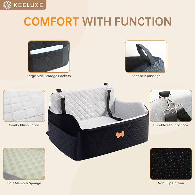 Car Seat for Large Size Dog, Booster Seat for Dogs Under 55 lbs or 2 Small Dogs, Soft Car Dog Bed Filling in Thick Memory Foam with 2 Safety Leashes and Storage Pocket (Grey/Black)