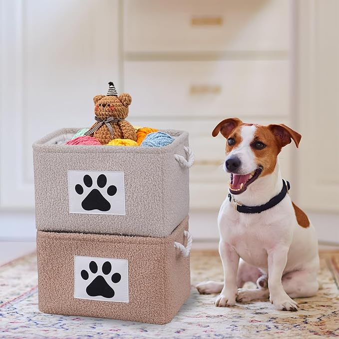 COMFY-HOMI 2Pcs Dog Toy Basket with Metal Collapsible Pet Toy Storage Organizer with Handles-Soft Polyester Fleece Fabric Bin Storage Basket for Shelves, Toys Storage 15"x10.2"x9.5"-Coffee Brown