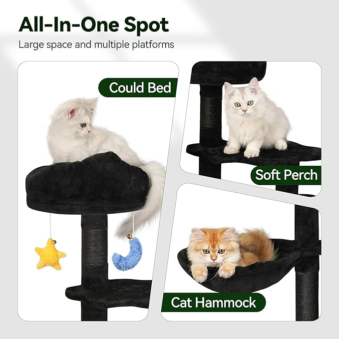 Gothic Black Cat Tree for Indoor Kittens & Small Cats Under 6 Months 9lbs, 43-Inch Cute Cat Tower with Scratching Post, Cat Condos, Cozy Hammock, Unique Perch & Dangling Toy