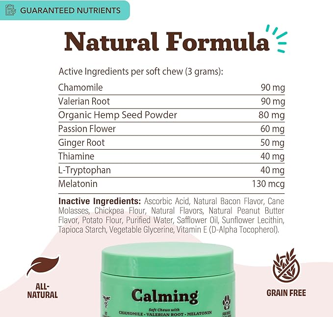 Natural Dog Company Calming Chews for Dogs, Stress & Anxiety Relief Supplement with Chamomile, Valerian Root & Melatonin, Natural Soothing Chews for Travel, Thunder, Fireworks & Separation (90 cnt)