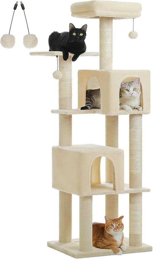 Cat Tree for Indoor Cats, 62" Multi-Level Cat Tower with 2 Spacious Condos, Scratching Pad, 4 Cat Scratching Posts, 2 Top Perches, 2 Pompoms, Beige