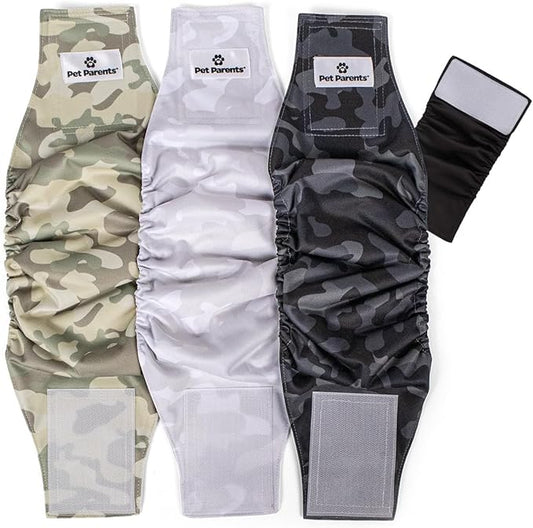 Pet Parents® Washable Belly Bands for Male Dogs (3pack) + Extendrs® of Durable Dog Diapers Male, Premium Male Dog Diapers & Dog Wraps (X-Large, Camo)